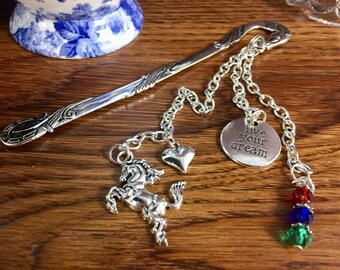 Metal Horse Bookmark, Silver Horse Charm, Silver Heart Charm, 'Live Your Dream' Charm, Red, Blue, Green Swarovski Crystals, Rearing Horse