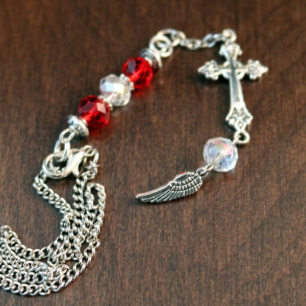 Christliches Auto oder Wohnanhänger Charm Tibetisches Silber Kreuz, Tibetsilber Schutzengel Flügel mit Swarovski Kristallen Farbwahl