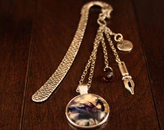 Silver Finish Detailed Dragon Bookmark with Fountain Pen Nib Charm, Believe Charm and Black Dragon Photo Cabochon and Swarovski Crystal