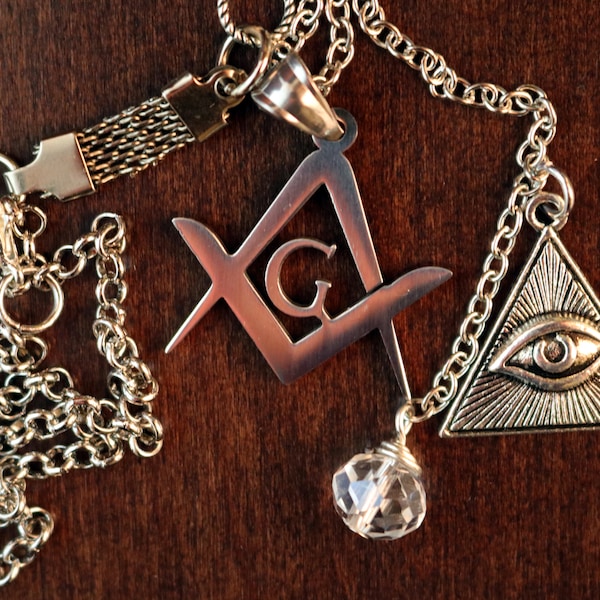 Masonic Car or Home Hanging Charm with Compass and Square, Eye of Providence in Pyramid and Clear Swarovski Crystal on Chain Mail Extender