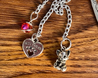 Detailed Tibetan Silver Bookmark with 3-D Silver Cat, Double Sided 'Best Friend' Heart with Paw Print, Red Swarovski Crystal, Love Cats