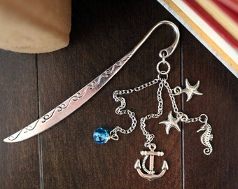 Marine Bookmark Sail the Seas Large Bowed Scroll Tibetan Silver Charms Starfish, Seahorse, Anchor and Swarovski Crystal Sea Blue Bead