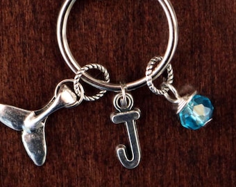 Dolphin Whale Tail on Nickel Plated Key Ring with Tibetan Silver Charm of Dolphin or Whale Tail, You Choose Initial, Sea Blue Swarovski