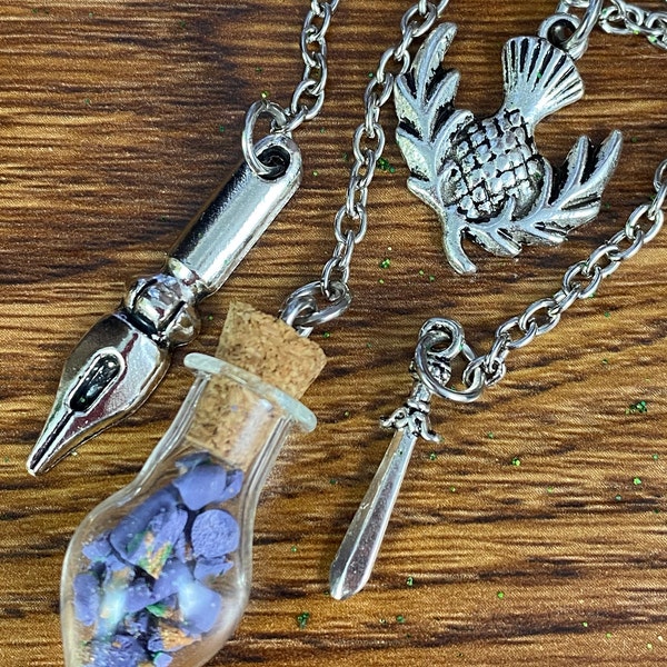 Time Travel Inspired Car or Home Hanging Charm, Herb Vial, Dried Lavender Herb, Scottish Thistle  Silver Sword Charm, Swarovski Crystals
