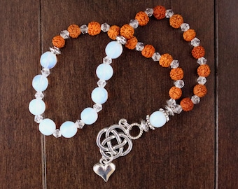 Pocket Prayer Mala 27 Moonstone Goddess Love Mala with Moonstones, Rudraksha, Crystals, and Tibetan Silver Charms Eternity Knot and Heart