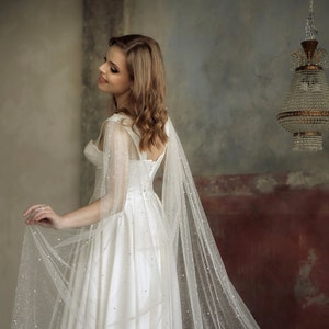 Bridal cape pearl and glitter Light ivory Tulle capelet Long wedding Shoulder train