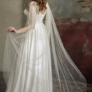 Bridal cape glitter pearl Pleated Long wedding Shoulder train image 3