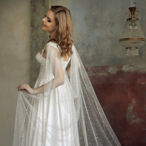 Bridal cape veil tulle with pearls Long glitter wedding Shoulder train capelet