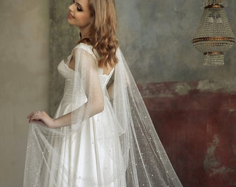 Bridal cape veil tulle glitter pearl Long wedding Shoulder train capelet