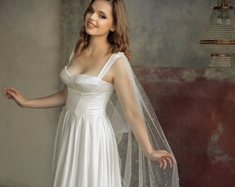 Bridal cape veil Pearl and sparkle long wedding capelet Shoulder tulle train