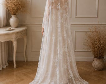 Lace Bridal Cape with Train, Sheer Wedding Cover Up, Floral Lace Wrap