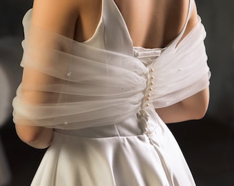 Ivory Tulle Wedding Shawl with Pearls: Bridal Bolero Cape