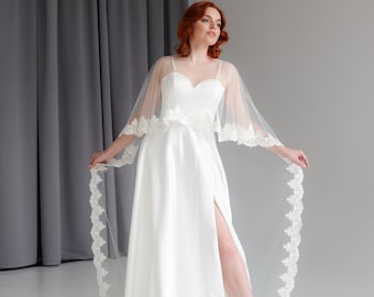 Bridal cape with lace trim Wedding tulle shoulder capelet Light ivory topper for bride