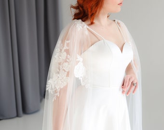 Detachable Light Ivory bridal cape Bride Plain wedding tulle capelet Shoulder long wings