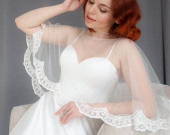 Bridal capelet with lace trim Wedding tulle shoulder cape veil Light ivory topper for bride