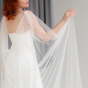 Bridal cape pearl and glitter Light ivory Tulle capelet Long wedding Shoulder veil