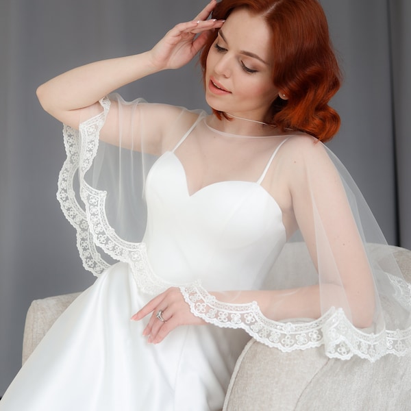 Bridal capelet with lace trim Wedding tulle shoulder cape veil Light ivory topper for bride