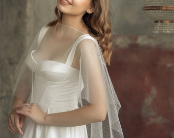 Pearl Bridal Cape, Short Tulle Wedding Capelet, Sheer Bridal Shoulder Cover Up