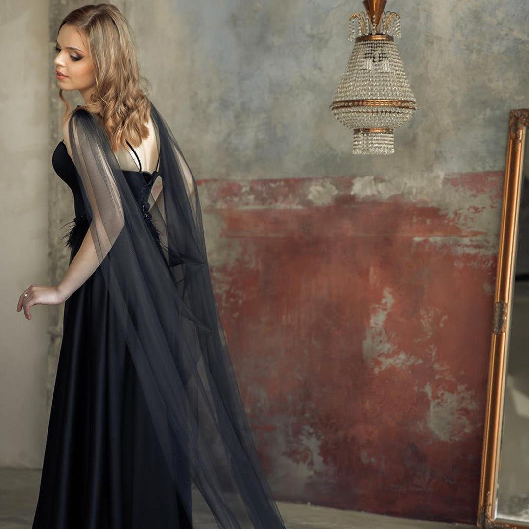 black wedding dress with cape Mermaid Lace 3 in 1 Black Wedding Dress, Cape Veil, Removable Sleeves main image 1