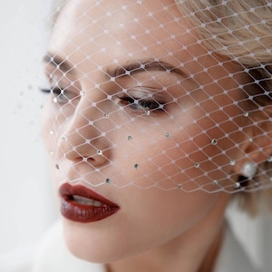 Birdcage face veil Scattered rhinestone bridal veil wedding Bachelorette short veil White funeral veil White