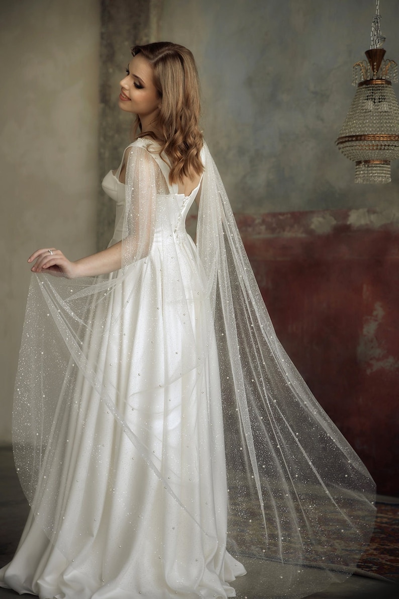 Bridal shoulder cape Tulle capelet Long wedding cape veil image 1