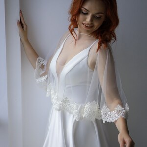 Bridal cape with lace trim Wedding tulle capelet Light ivory cover up image 4