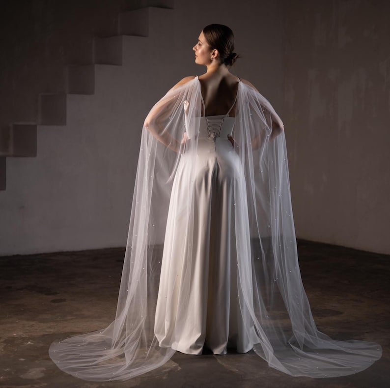 Ivory tulle bridal wings with pearl embellishments detachable shoulder cape for bride