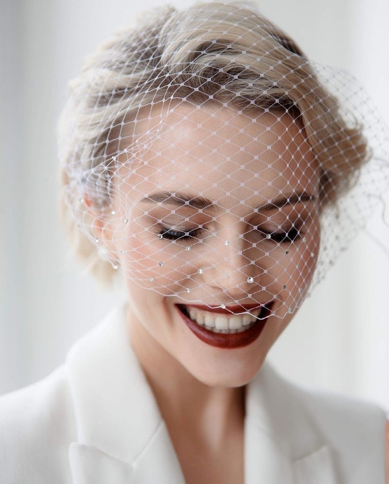 Birdcage face veil Scattered rhinestone bridal veil wedding Bachelorette short veil White funeral veil image 2