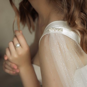 Bridal cape glitter pearl Pleated Long wedding Shoulder train image 8