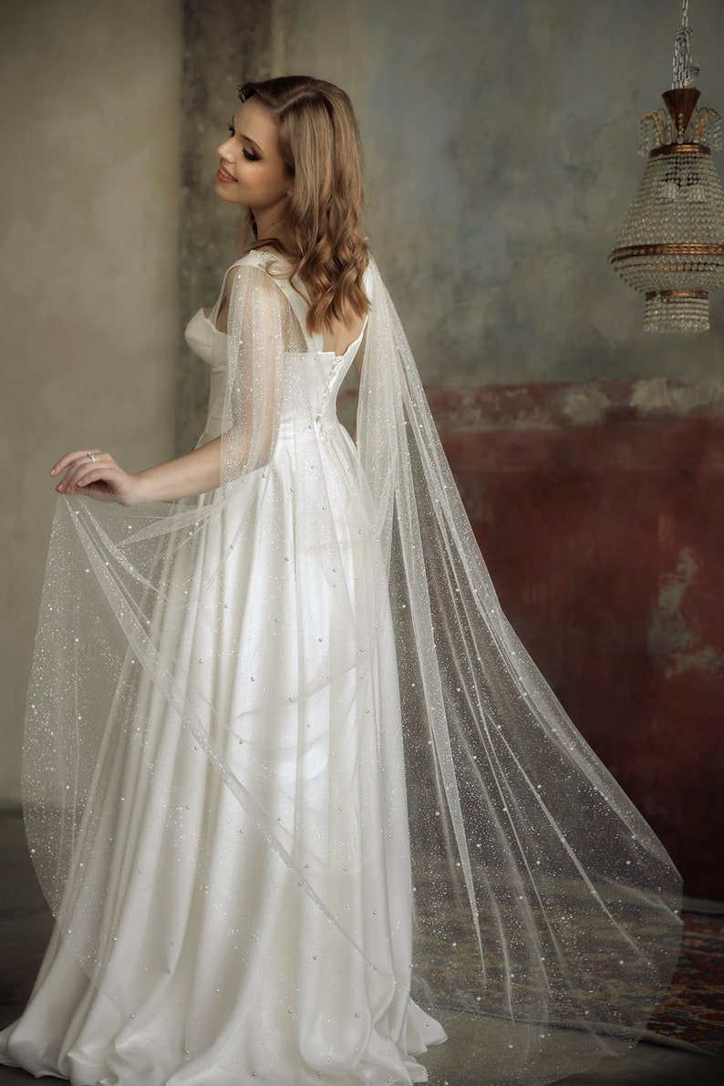 Bridal cape glitter pearl Pleated Long wedding Shoulder train image 3