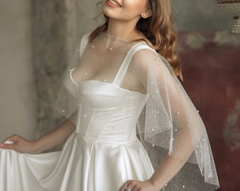 Glitter pearl cape Bolero shrug tulle White capelet Shoulder sheer cover up Wedding dress topper