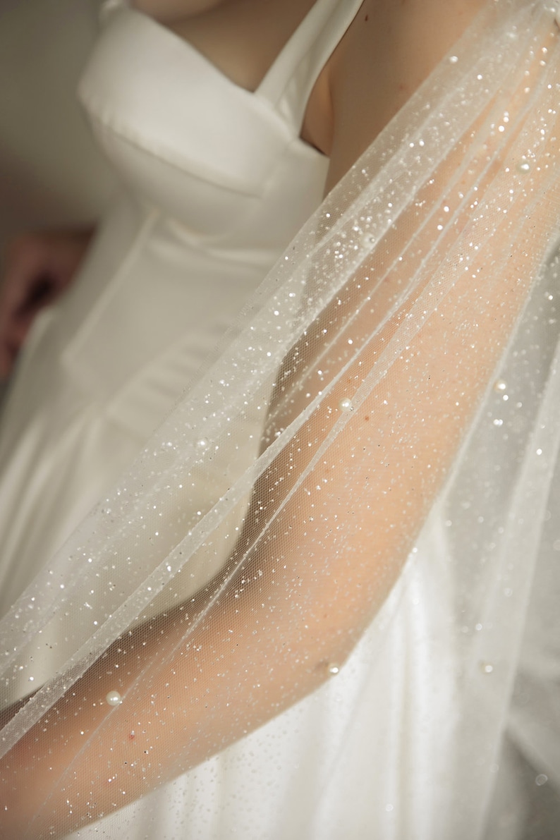 Bridal cape glitter pearl Pleated Long wedding Shoulder train Glitter + Pearls