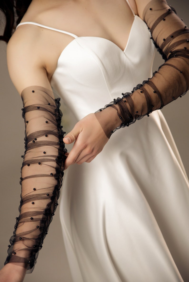 Black Pearl bridal sleeves long detachable Fingerless gloves bride Removable sleeves image 1