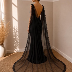 Black bridal cape Boho wedding capelet Gothic lace black cape veil