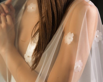 Bridal bolero top with pearls and flowers Shoulder cover up Wedding dress topper bolero