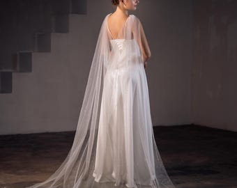 Pearl Bridal Cape with Train, Glitter Tulle Wedding Cape, Veil Alternative