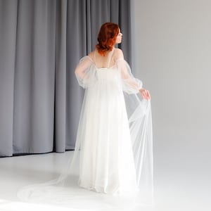 Minimalist plain tulle cape veil with sleeves