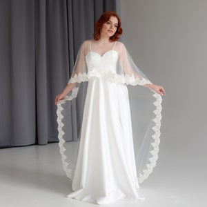 Bridal cape with lace trim Wedding tulle capelet Light ivory cover up 59"