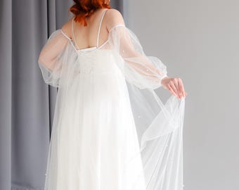 Wedding Cape with Sleeves Sheer Tulle Bridal Cape Veil Long Dress Capes