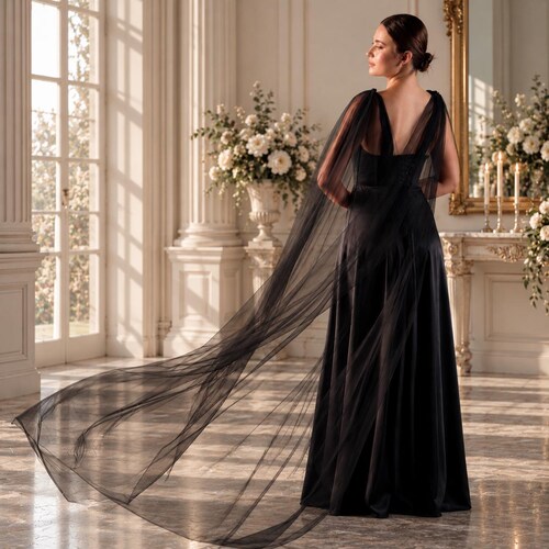 Black Wedding Cape, Sheer Tulle Bridal Cover Up, Gothic Veil Alternative