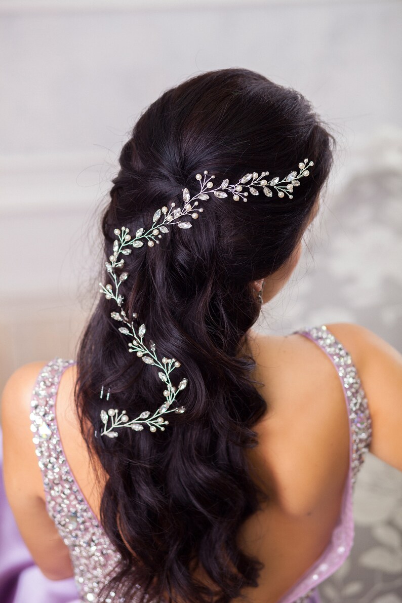 Bridal back hair piece Extra long hair vine for bride Wedding Crystal hairpiece Pearl hair comb Halo crown Tiara