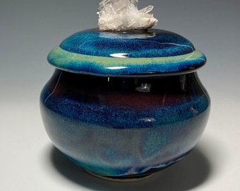 Large Quartz Crystal Cluster Lidded Round Blue Hand-Crafted Vase