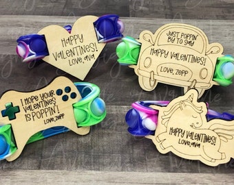 SCORED Valentines Pop It Bracelet Holder Glowforge Laser Cut SVG Files, Car, Unicorn, Heart, 2 Controllers, 5 SVGs, Classroom Valentines