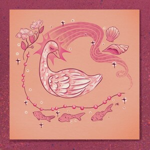 May include: A whimsical illustration featuring a pink swan with a flowing pink design, flowers, and a string of pink beads. The artwork includes pink fish and seashells on a peach background, with star accents. The overall theme is fantasy and nature.