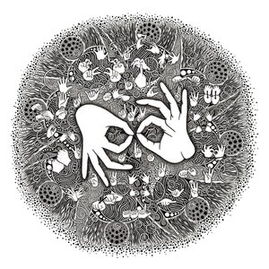 May include: Black and white illustration of two hands forming the American Sign Language symbol for "I love you". The hands are surrounded by a circular pattern of smaller hands in various signs.