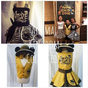 May include: A set of four matching outfits for children, featuring a black and white zebra print, a yellow and black leopard print, and a black and white animal print. The outfits include a dress, a vest, a hat, and a bow tie. The dresses have a black "LOVE" graphic with a Mickey Mouse head and animal silhouettes. The outfits are themed for Disney's Animal Kingdom Lodge.