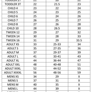 May include: A size chart for clothing with measurements in inches for chest, waist, and hip. The chart includes sizes for babies, toddlers, children, teens, adults, and men.