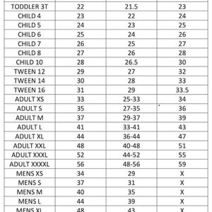 Op de afbeelding: Maattabel voor kleding met metingen in inches voor borst, taille en heup. De maten omvatten 9-12 maanden, 12-18 maanden, peuter 2T, peuter 3T, kind 4, kind 5, kind 6, kind 7, kind 8, kind 10, tween 12, tween 14, tween 16, volwassene XS, volwassene S, volwassene M, volwassene L, volwassene XL, volwassene XXL, volwassene XXXL, volwassene XXXXL, heren XS, heren S, heren M, heren L, heren XL, heren XXL, heren XXXL, heren XXXXL.