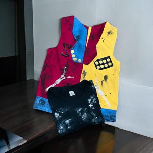 May include: A colorful sleeveless vest with a red, yellow, and blue design. The vest has a zipper on the front and a patch with gold buttons on the yellow side. A black t-shirt with a white splatter pattern is lying on top of the vest.