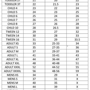 May include: Size chart for clothing with measurements in inches for chest, waist, and hip. Sizes include 9-12 month, 12-18 month, toddler 2T, toddler 3T, child 4, child 5, child 6, child 7, child 8, child 10, tween 12, tween 14, tween 16, adult XS, adult S, adult M, adult L, adult XL, adult XXL, adult XXXL, adult XXXXL, mens XS, mens S, mens M, mens L, mens XL, mens XXL, mens XXXL, mens XXXXL.